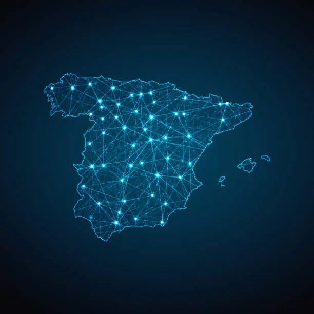 Vector illustration of Spain map geometric mesh polygonal light. Business wireframe mesh spheres from flying debris blue structure style
