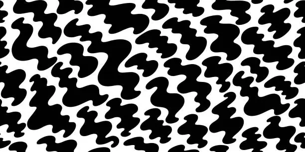 Vector illustration of Pattern with abstract shapes. Vector blob liquid background. Black splash blob shape. Playful black white seamless. Y2k modern organic fluid bg. Irregular abstract pattern. Psychedelic liquid splash