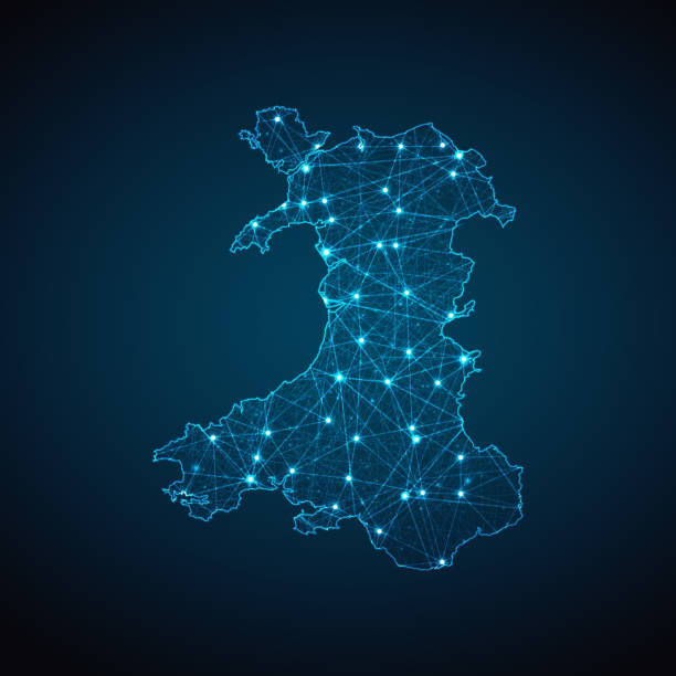 ウェールズのマップの幾何学的なメッシュのポリゴンライト。飛散物の青い構造様式からのビジネスワイヤーフレームの網球 - wales cardiff map welsh flag点のイラスト素材／クリップアート素材／マンガ素材／アイコン素材