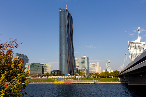 VIENNA, AUSTRIA - October 11, 2018: DC Tower Skyscraper in the Donaucity District is the highest corporate skyscraper in Vienna. Was built in 2013 by architect Dominique Perrault
