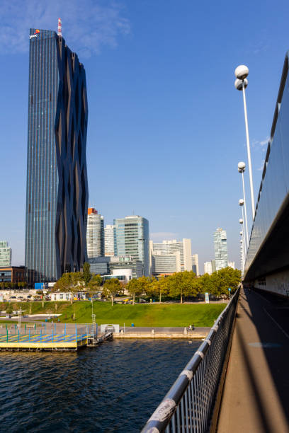 VIENNA, AUSTRIA - October 11, 2018: DC Tower Skyscraper in the Donaucity District is the highest corporate skyscraper in Vienna. Was built in 2013 by architect Dominique Perrault