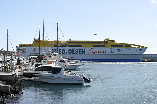 Morro Jable, Fuerteventura, Spain, February 28, 2024 - The fast ferry Betancuria Express, a catamaran ferry operated by the Spanish ferry company Fred. Olsen in the port of Morro Jable. Fuerteventura.
