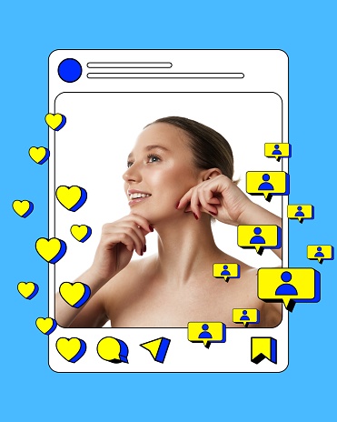 Social media post about skin care. Young girl doing facial massage on photo. Influencer collaboration for beauty product launch. Concept of social media, blogging, online communication