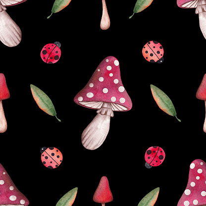 Watercolor Seamless Pattern of Mushrooms, Ladybugs and Autumn Leaves on a black background. Wallpaper with Hand Drawn Fly Agaric, Insects and Plants. Forest Print for Paper and Textile