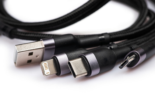 digital computer or smartphone cables. Usb type c, mini-usb, lightning connector. isolated on white background.