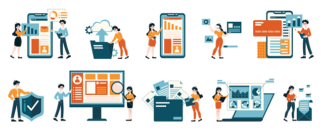 Digital Marketing set. Characters managing data analysis, cybersecurity, and online transactions. Interactive tech engagement and information processing. Flat vector illustration.
