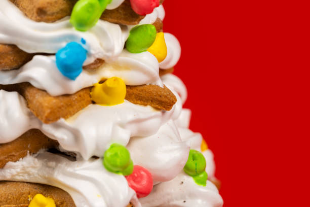 Tasty homemade Christmas cookie on red background. close up