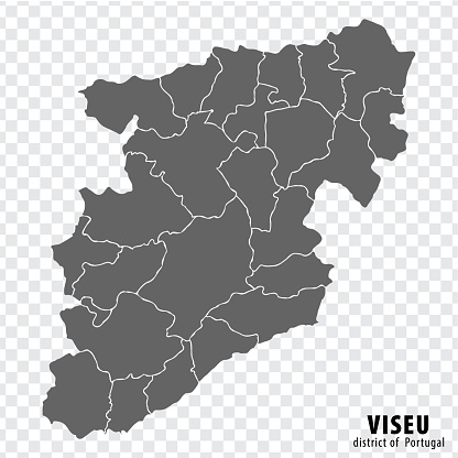 Map Viseu  District on transparent background. Viseu District  map with  municipalities in gray for your web site design, logo, app, UI. Portugal. EPS10.