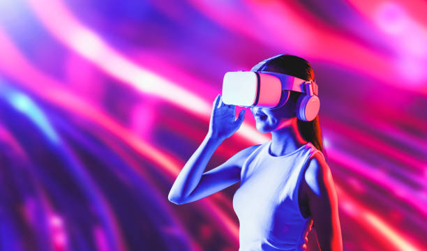 istock Elegant female connecting metaverse looking faraway and smiling. Hallucination. 2086263686