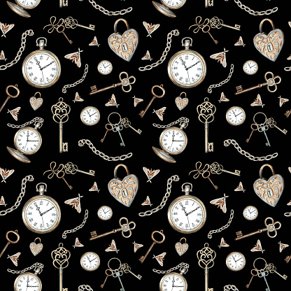 Pocket watch, keys, chain, lock, moths on a black background. Watercolor seamless pattern with vintage elements. Hand drawn retro illustration Template for wallpaper, scrapbooking, wrapping, textile.