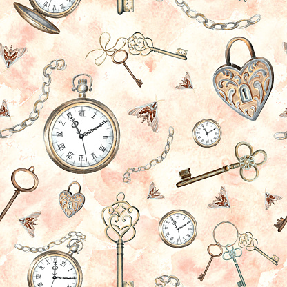 Pocket watch, keys, chain, lock, moths on a peach background. Watercolor seamless pattern with vintage elements. Hand drawn retro illustration Template for wallpaper, scrapbooking, wrapping, textile.