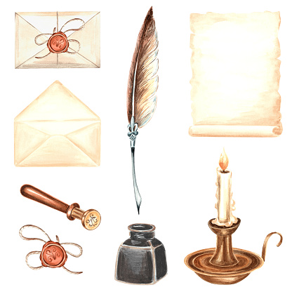 Set of vintage writing supplies. Parchment paper, feather quill, inkwell, envelopes, wax seal, candle in candlestick. Retro stationery. Hand drawn watercolor illustration of design elements isolated