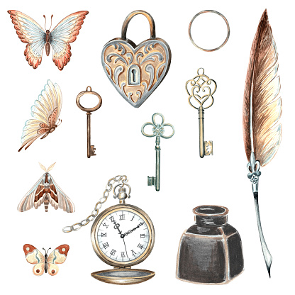 Vintage set with pocket watch, keys and lock, feather pen, inkwell, butterfly and moth. Hand drawn watercolor illustration. Retro clip art of design elements isolated. For scrapbooking, card, sticker