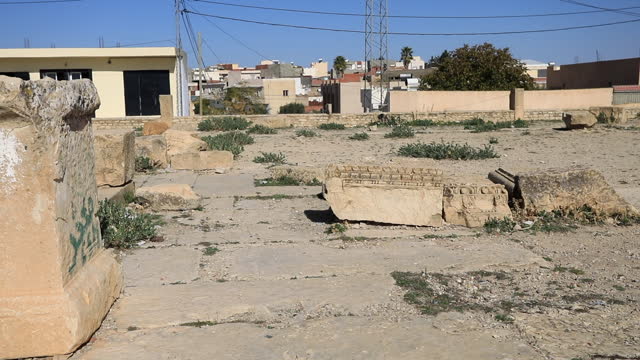 Ancient Maktaris Ruins In Town Of Makthar In Tunisia. pan right shot