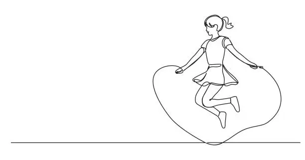 Vector illustration of single line drawing of girl jumping rope