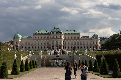 VIENNA, AUSTRIA - August 14, 2019: Belvedere Palace in Vienna, Austria. The palace were built in the 18th century as a summer residence by Prince Eugene of Savoy, one of the Holy Roman Empire's most distinguished statesmen and military commanders.
