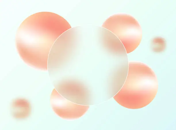 Vector illustration of Effect of glass morphism. Glass transparent banner made of transparent frosted glass and 3D spheres on a white background.