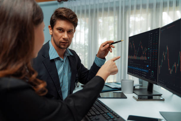 istock Business traders discussing on dynamic stock risk or profit point. Postulate. 2086282387