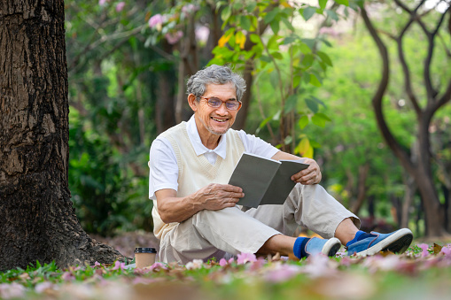 old man with grey hair wears glasses sitting under a tree and reading a book in forest park, mature male spend his free time in nature, concept of elderly lifestyle in nature,hobbies,relaxing,resting