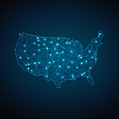 United States of America map geometric mesh polygonal light. Business wireframe mesh spheres from flying debris blue structure style. Vector illustration EPS10
