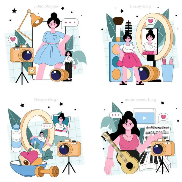 Vector illustration of Video blogger set. Character share viral content in the internet. Social media