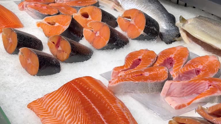 Fresh fish on ice in a supermarket.