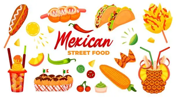 Vector illustration of Set of Mexican street food illustrations. Corn dog, mango flower with chamoy sauce and spicy chilli powder, tacos, hot dog, lines, corn, mangonada, tropical cocktail in pineapple fruit.