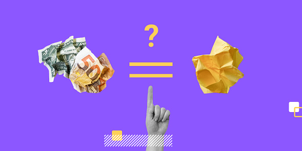 Depreciation of money, inflation concept. Crumpled US dollars and a 50 Euro note are equivalent to crumpled paper. Minimalist art collage