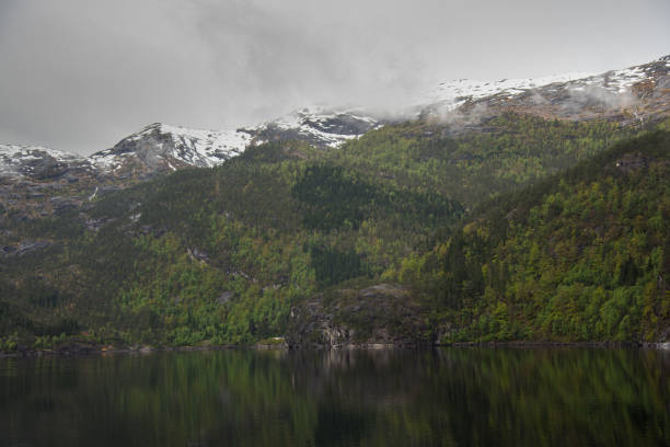 Snow peaked mountains in the fjords of Norway