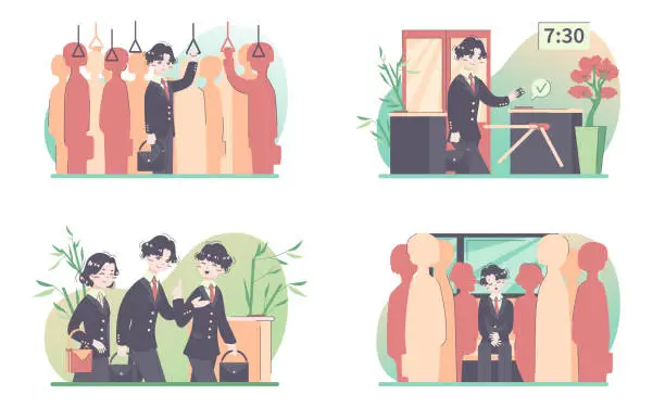 Vector illustration of Daily routine of a japanese man set. Modern clerk working, spending