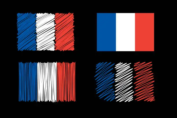 Vector illustration of French flag bunting Eiffel background for Bastille Day. French: drapeau Français. Tricolour blue white red backdrop design vector illustration