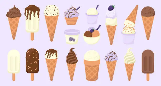 Vector illustration of Frozen dessert treats in various flavors on a purple background