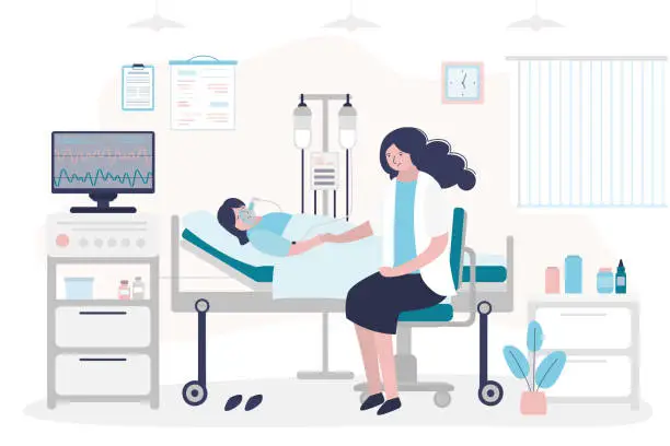 Vector illustration of Boy lies in intensive care. Mother or doctor supports seriously ill patient. Kid lies with artificial ventilation of the lungs and dropper in hospital ward.