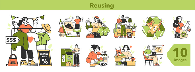 Zero waste set. Upcycling or reuse of old things. Eco tips for reducing waste and giving a second life for old stuff. Sustainability and social responsibility. Flat vector illustration
