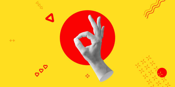 istock Hand making OK gesture next to the word OK conveying agreement or approval for various design projects, for Web design, Presentations, Advertising materials, Social Media.  Minimalist art collage 2086353286