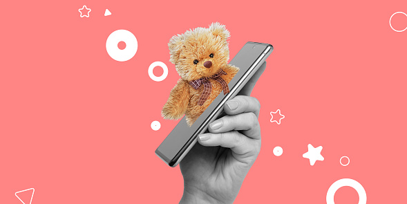 Sale of children's goods, marketplaces, mobile applications for online trading, games for the youngest children concept. A soft bear looks out of a smartphone screen. Minimalist art collage