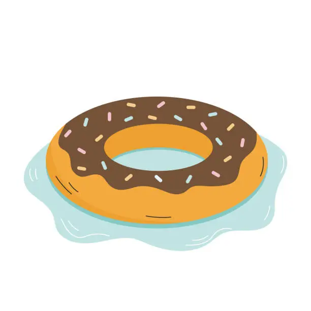 Vector illustration of Cute inflatable swim pool float and ring in the form of donut. Vector illustration in a flat cartoon style. Summertime water ring for relaxation