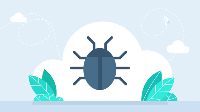 Bug, beetle. Beetle crawls out from below and remains in the center of the screen. Find errors, software testing concept. Blue beetle. Flat design style. Cartoon minimal style. 2d bright animation