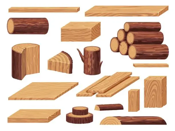 Vector illustration of Raw wood materials. Lumber pile of logs tree trunks branches, pile of cut pieces of hardwood for carpentry, sawmill industry. Vector isolated set
