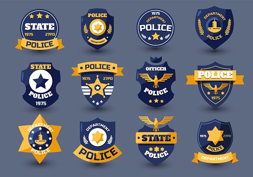 Police officer seal. Policeman badges and sheriff emblems with star and shield, law enforcement insignia flat style. Vector collection of badge security patrol illustration