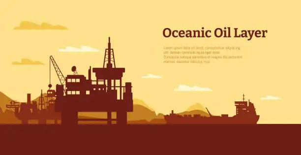 Vector illustration of Offshore oil rig background. Oil platform with derrick and crane, oil and gas extraction industrial concept. Vector illustration