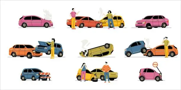 Vector illustration of Cartoon car crash. Wrecked broken crashed vehicles on road, car accident with damage and driver injury. Vector isolated set