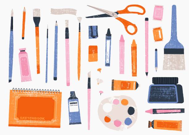 istock Painting tools and materials. Cartoon artist paintbrushes, pencils, tubes, palette and other painting equipment. Vector sketch kit isolated set 2086368699