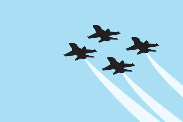 Vector illustration of Illustration of silhouettes of parade airplanes, a group of airplanes in the sky.