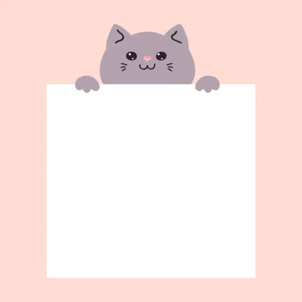 Vector illustration of Cute cartoon cat holding a blank paper sheet. Empty space for text. Vector illustration