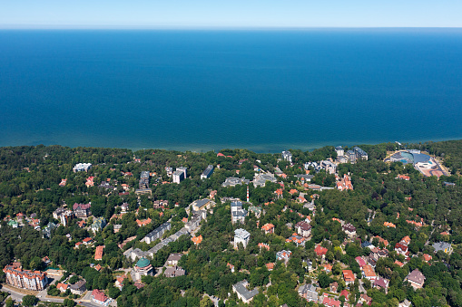 Baltic sea beach with Svetlogorsk town. Aerial view from drone