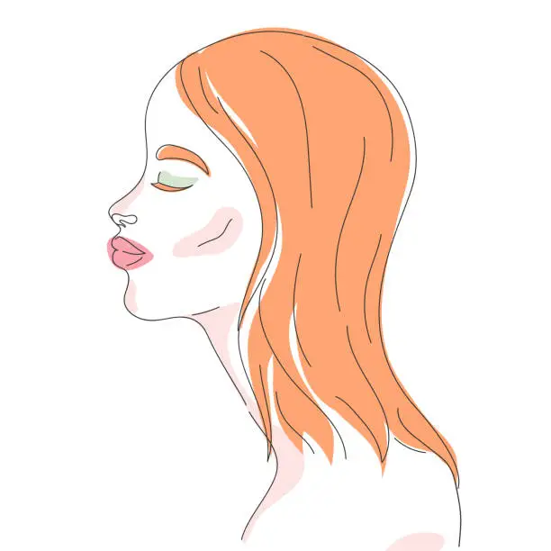 Vector illustration of Hand drawn woman portrait outline.  Profile of a young redhead female. Vector illustration