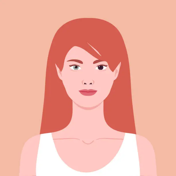 Vector illustration of Young redhead woman with a heterochromia. Woman with different colored eyes. Eyes of different colors. Brown and blue eye. Vector illustration
