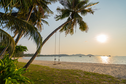 Sunset view of the sea with coconut trees and swing hanging under the coconut trees. Trat Province, Thailand