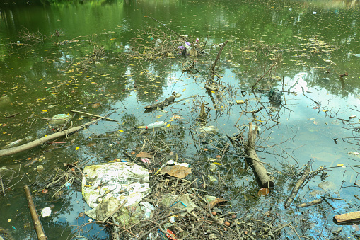 Photo of a polluted river full of plastic and bottle waste. The lake is dirty with community waste